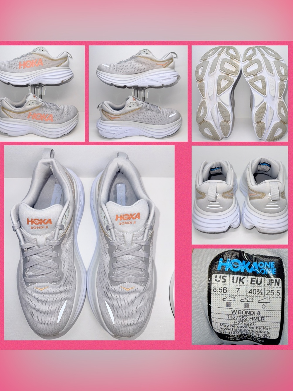 Hoka Women's Bondi 8 Sneakers — Light Gray with Peach Logo
